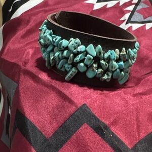 Turquoise Stone Embellished Brown Leather Bracelet